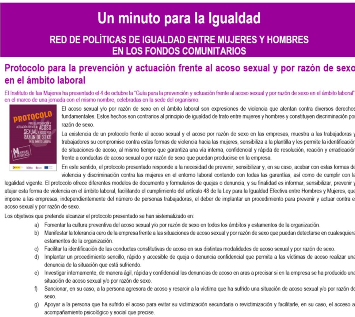 Protocolo para la prevención y actuación frente al acoso sexual y por razón de sexo en el ámbito laboral