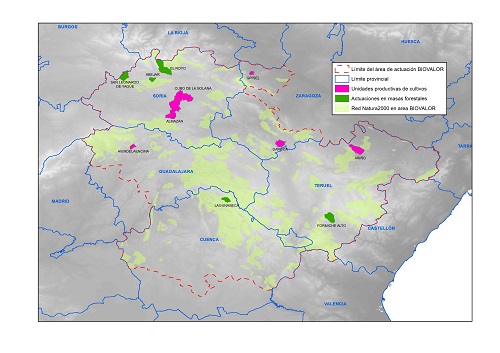 Map of the BIOVALOR action area with a preselection of demonstrative areas